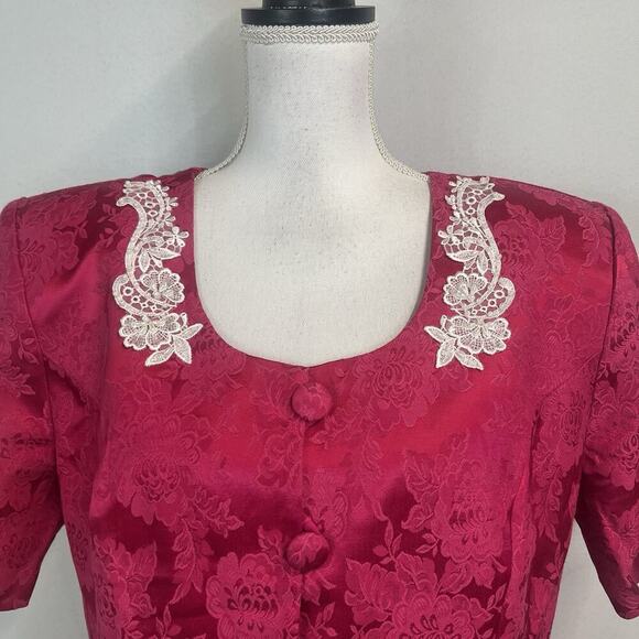 Vintage Melissa 2pc Blazer Skirt Suit Plus sz 16W Pink Brocade Lace Beads 80's - Picture 4 of 14